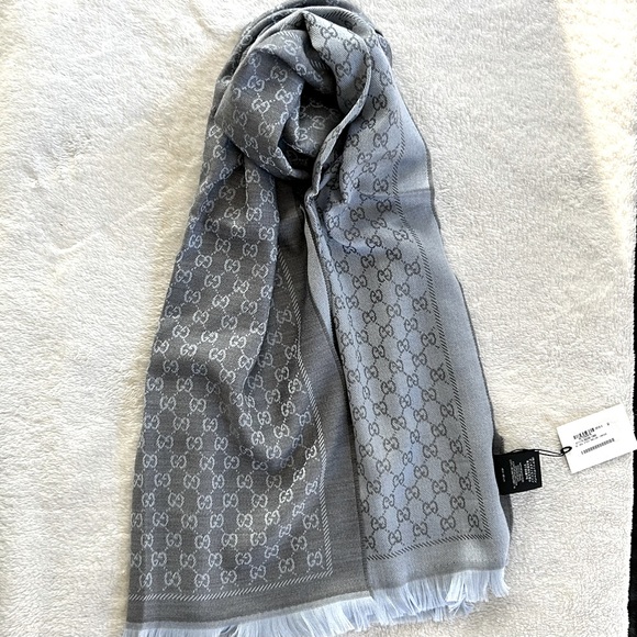 NWT Authentic Gucci GG Tricot Wool Bicolor Scarf Multi Charcoal Gray Unisex - Picture 3 of 11